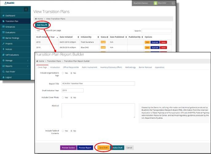 screenshots of BlueDAG Transition Plan builder
