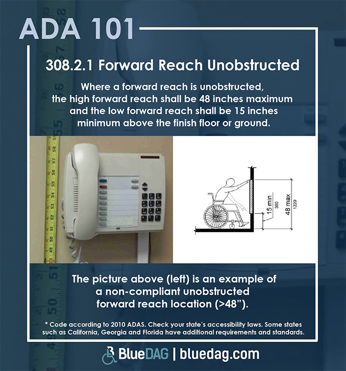 ADA 101 info graphic with ADAS 2010 section 308.2.1 code text and example pictures
