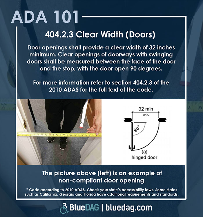 ADA 101 info graphic with ADAS 2010 section 404.2.3 code text and example pictures