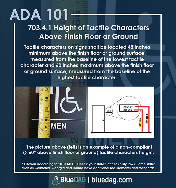 ADA 101 info graphic with ADAS 2010 section 703.4.1 Height of Tactile Characters Above Finish Floor or Ground