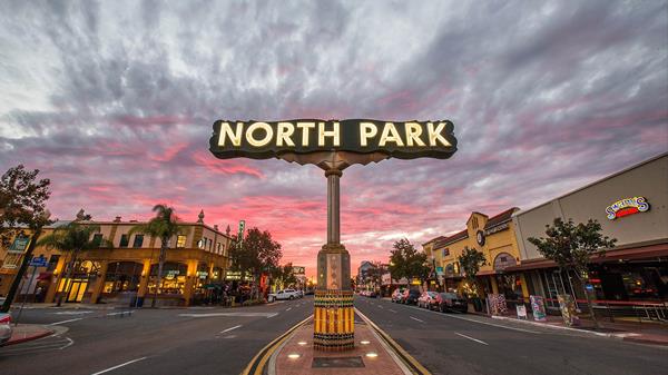 Image of San Diego North Park sign at dusk