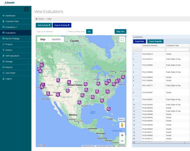 Screenshot of BlueDAG Evaluations (Inspections) table with map view