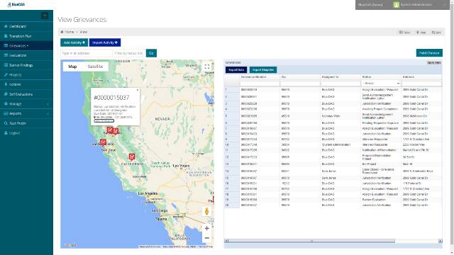 Screenshot of BlueDAG Grievances Plus table view with map