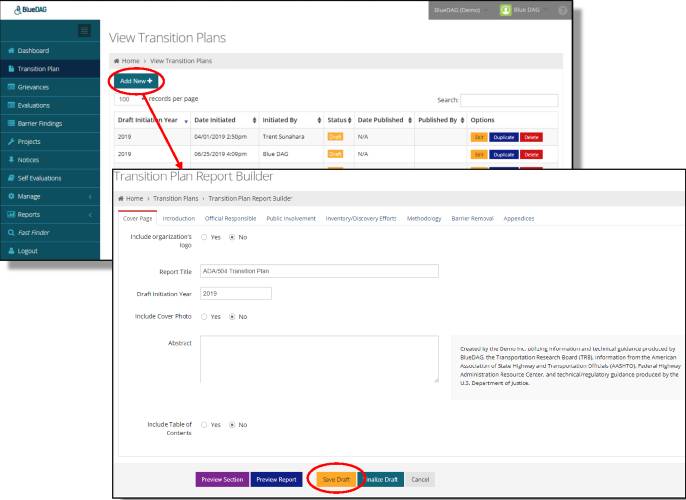 Screenshot of BlueDAG Transition Plan builder